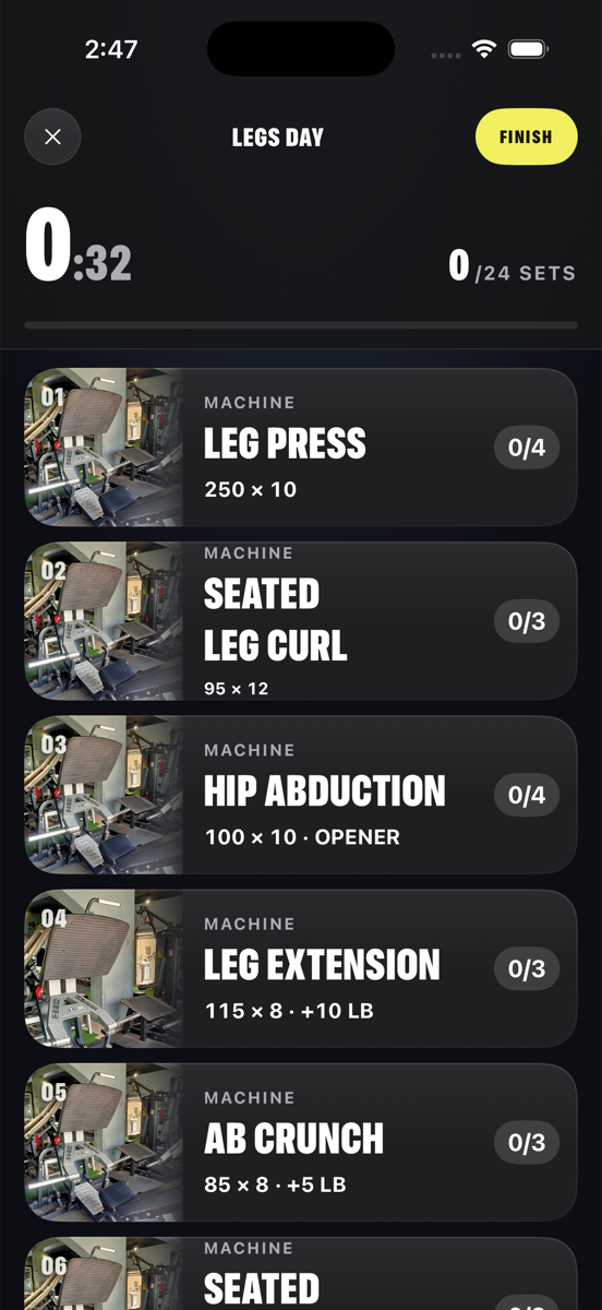 A live 2Failure session on iPhone, showing the clock, set progress and each movement.
