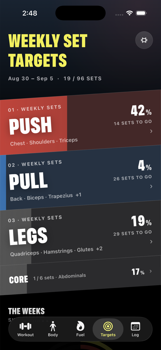 The 2Failure Targets screen: Push, Pull and Legs as slanted progress slabs.