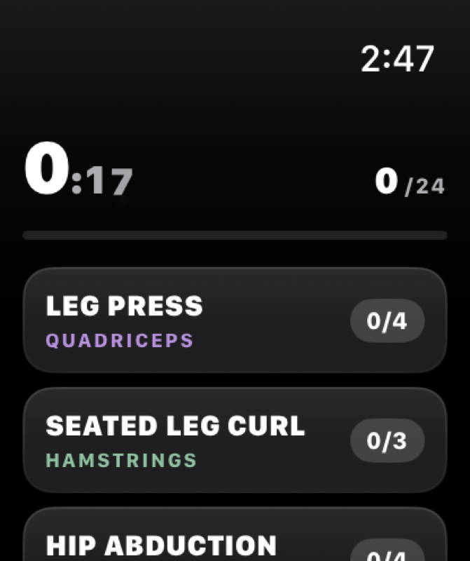 A live session on Apple Watch: elapsed clock, sets done, and each movement.