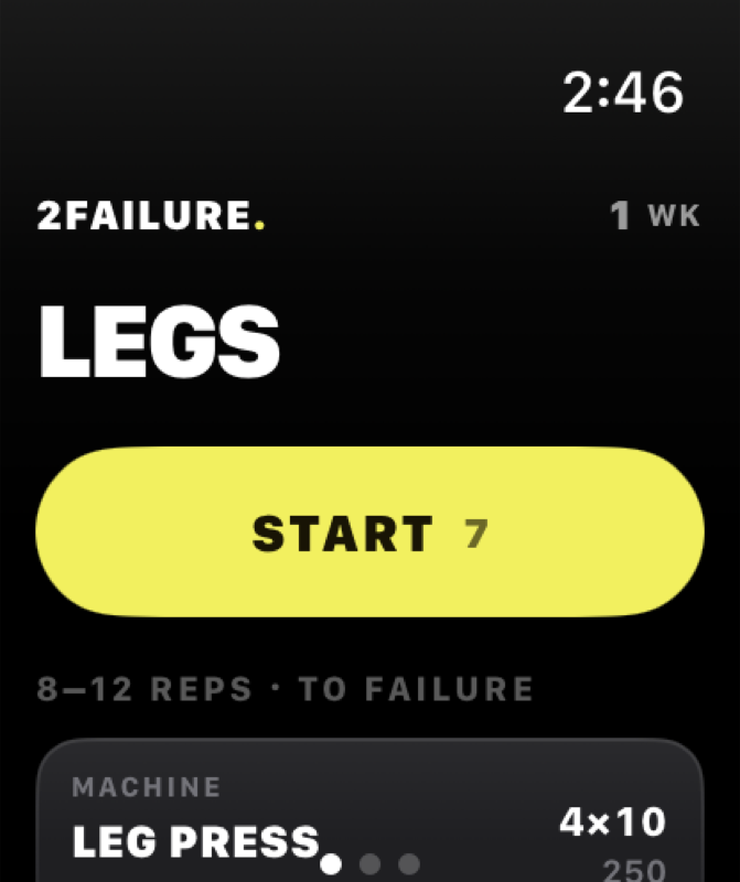 2Failure on Apple Watch, showing today's session and a Start button.