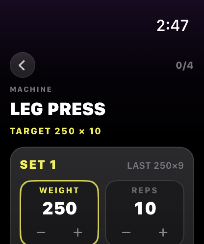 Logging a set on Apple Watch: weight, reps, and how many reps were left.